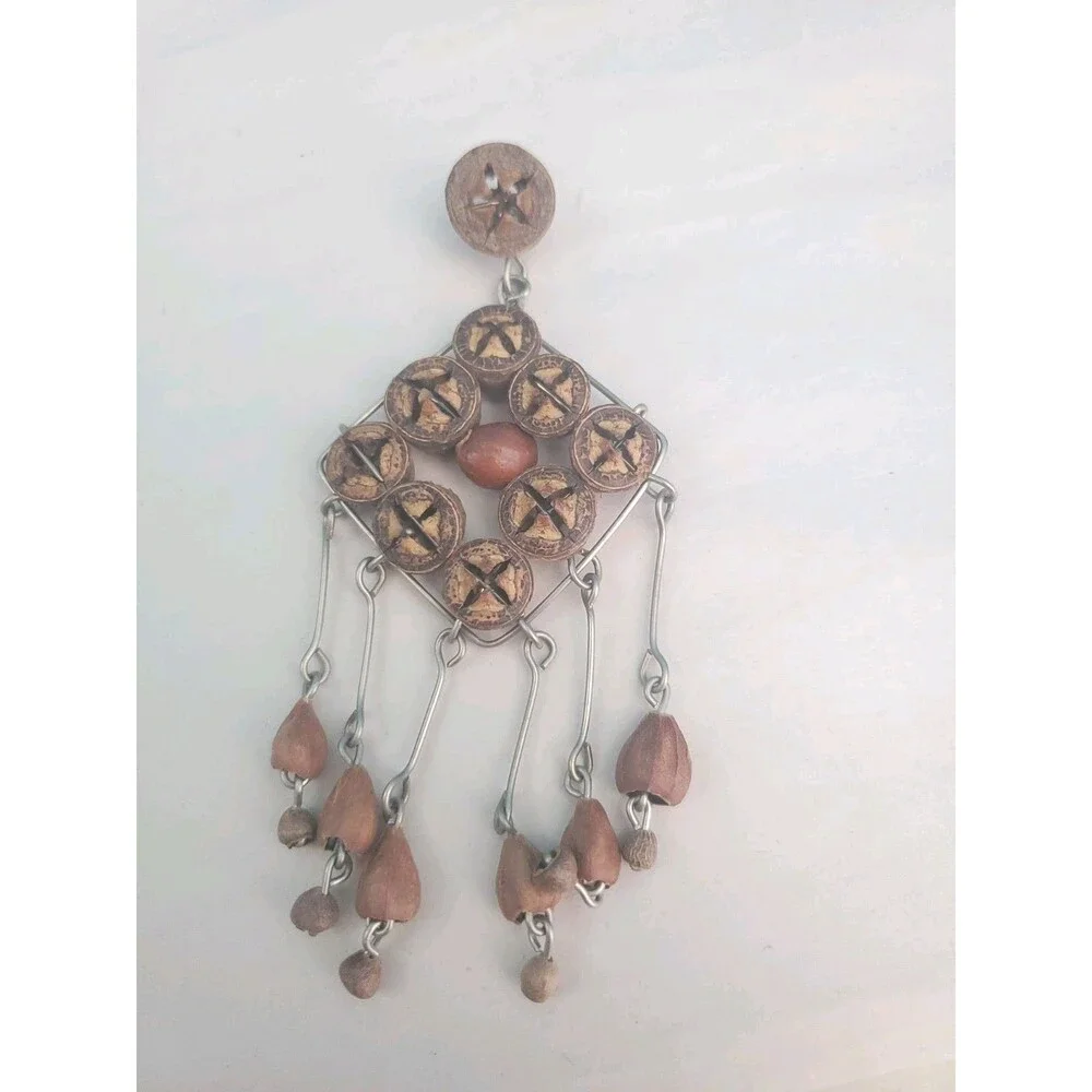 Vintage Black Walnut Shell Slice Brooch Pin Botanical Seed Boho Dangle Folk Art